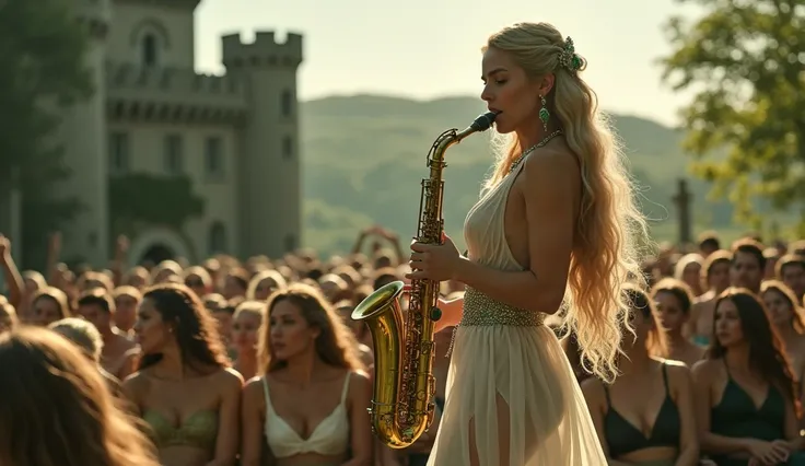 A fantasy, beautiful girl playing Saxophone, ((shes wearing a white sheer transparent sexy dress)), she has (BIG large breast and long blode hair, her dress is very low cut revealing clearage, ((nude)), she is wearing emeralds and silver Jewels, there is a...