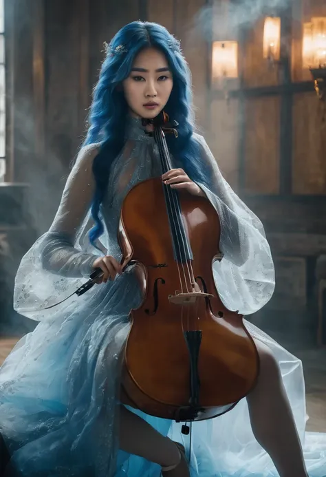 (Nigerian-Korean woman)+++, 2, sitting playing a cello, cello between her legs, provocative pose, (ethereal appearance)+++, beautiful model, busty, wearing transparent clothes, long blue hair, (smoke effect)+, highly detailed, surreal photo, photorealistic...