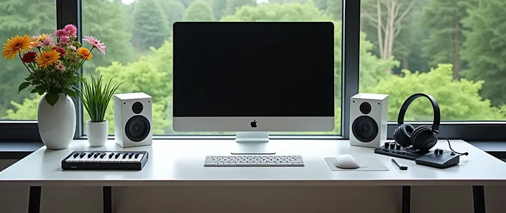 a table looks very modern and glassy finishing, a MacBook pro is on the table, a headphone, White keyboard, 2 octave piano midi keyboard, and audio interface, 2 white woofer speaker left and right, a flowers at side of the computer, green view outside from...