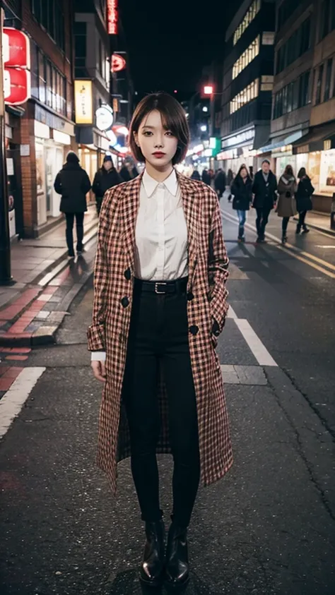 wearing red checkered long coat, Bewitching eyes, well-balanced eyes, //street snap // ((facing viewer)), //at the street, //japanese lady, pale skin, //short hair //((standing)), high quality:1.3, Professional lighting:2.0 realistic:1.2, 4k resolution, de...