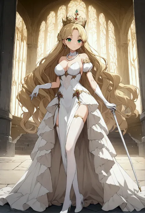 anime. 1 girl. cute. Princess. blonde. Long Hair. Wavy Hair. Green Eyes. Beautiful Eyes. Perfect Eyes. Expressive eyes. Blind eyes. Blind. The Ideal Face. 16 years. Sitting chest. Beautiful breasts. Ideal Anatomy. Beautiful long legs. Luxurious white dress...