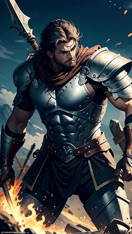 A powerful Roman warrior stands tall, his grip firm on a long spear. His deep, dark eyes scan the battlefield, unwavering and resolute. Every inch of him is clad in gleaming armor, a testament to his strength and resilience. Muscles ripple beneath the poli...