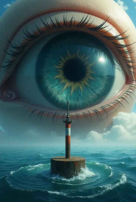 One very large eye looks at the buoy in the middle of the sea.