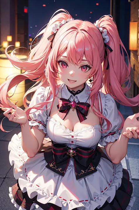 a beautiful young anime-style maid with long pink twin-tailed hair, glowing eyes, sparkling hair, smiling, wearing a maid outfit with an anchor, 8K, ultra-detailed, super-detailed, virtual girl, (best quality,4k,8k,highres,masterpiece:1.2),ultra-detailed,(...