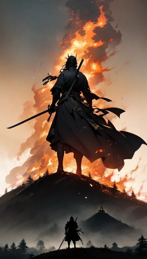 A silhouette of a samurai standing on a hill, watching a distant temple burn. The scene is dark and moody, with the fire illuminating the night sky. The samurais figure is calm, representing the resolute nature of the decision.

