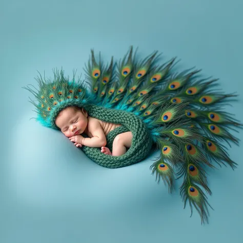 arafed baby in a yellow wrap is wrapped in a peacock feather, peacock feather wrap the head, whole body photography, award winning studio photo, national geographic photoshoot, 9 brilliant peacock tails, inspired by Anne Geddes, anna nikonova, peacock, nat...