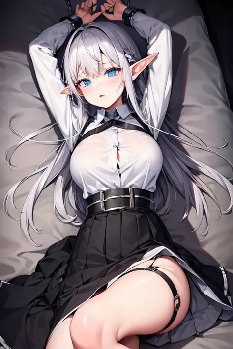 elf, silver hair, in the torture chamber, lying on an iron bed and crucified, school uniform, skirt, white shirt,  open your mou...