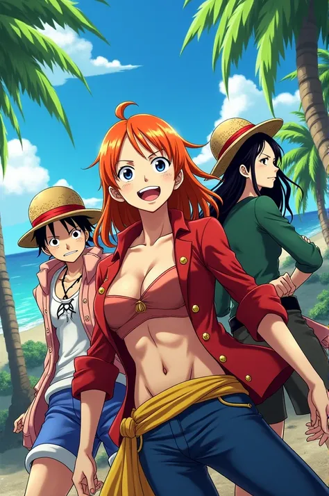 Anime nami and niko Robin with clothe front luffy and Zoro 