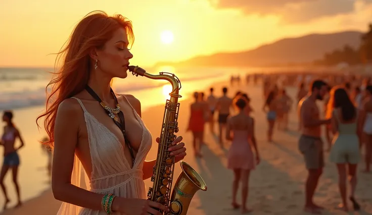 A fantasy, beautiful girl playing Saxophone, shes wearing a white sheer transparent sexy dress, she has (BIG large breast and long ginger hair, her dress is very low cut revealing clearage, ((nude)), she is wearing emeralds and silver Jewels, there is a su...