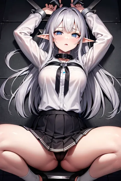 Elf, Silver Hair, In the torture chamber, Lying on an iron bed and crucified, school uniform, skirt, White Shirt,  Open your mouth, Raise your hands,  Crying face, A large iron collar with spikes and handcuffs, Spread your legs