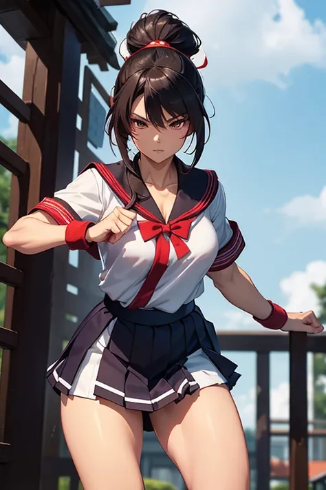 The character is a martial arts warrior with a look reminiscent of the iconic Mai Shiranui, but with some distinctive changes. She has an athletic physique and graceful curves., highlighting your strength and agility. with a classic Japanese school uniform...