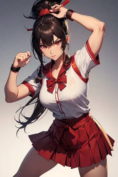 The character is a martial arts warrior with a look reminiscent of the iconic Mai Shiranui, but with some distinctive changes. She has an athletic physique and graceful curves., highlighting your strength and agility. with a classic Japanese school uniform...