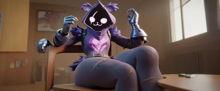 1boy, :3, Raven team leader,purple hoodie, with no face, shadowed face, animal ears,purple skin, scar on eye, body skin, purple fur, waist belt, torso symbol, metal gloves, highlight thighs, cute, sitting, sitting on a chair, inside a room, near the window