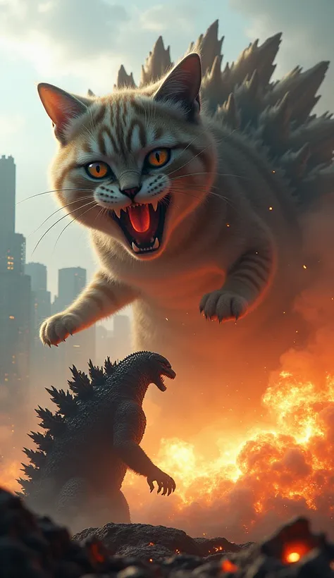 A gigantic kitten standing angrily and attacking a  Godzilla. The kitten sprays fire from its mouth towards thr Godzilla. tall buildings as background .