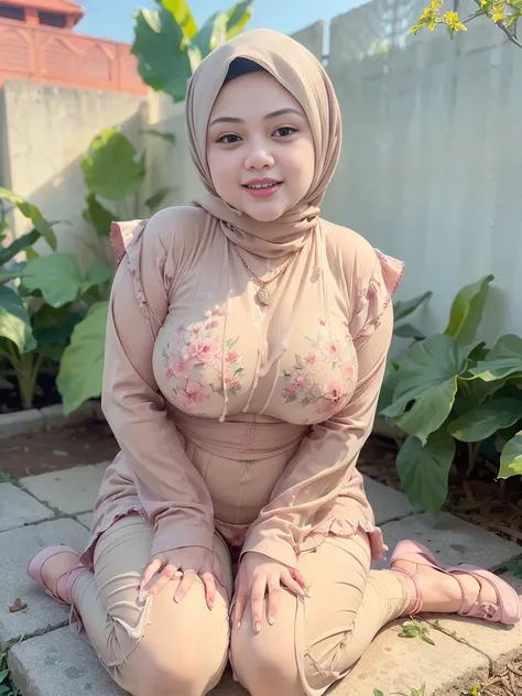 RAW, Best quality, high resolution, Masterpiece: 1.3), Beautiful Malay woman in hijab, Masterpiece, Perfect slim body, ((Big breasts)), Beautiful big eyes, water eyes, Soft smile, ((wearing tight red pastel floral malay gamis with closed hijab)), simple di...