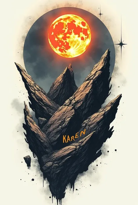 Design for a tattoo on: Moon and sun, rock and name karen