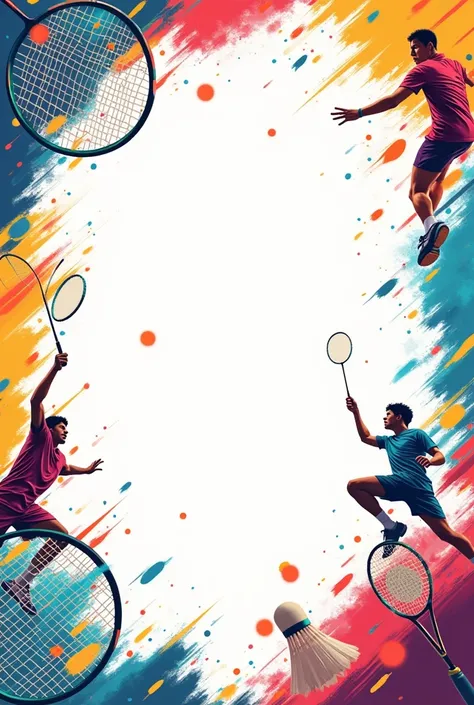 A4 sheet  having blank space in center and its boder have "badminton racket, cock and player design" In multi  bright coloure
