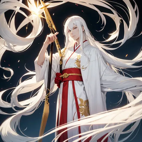 Tall boy, with long white hair, very white skin and golden eyes, dressed in a kimono and with a spear