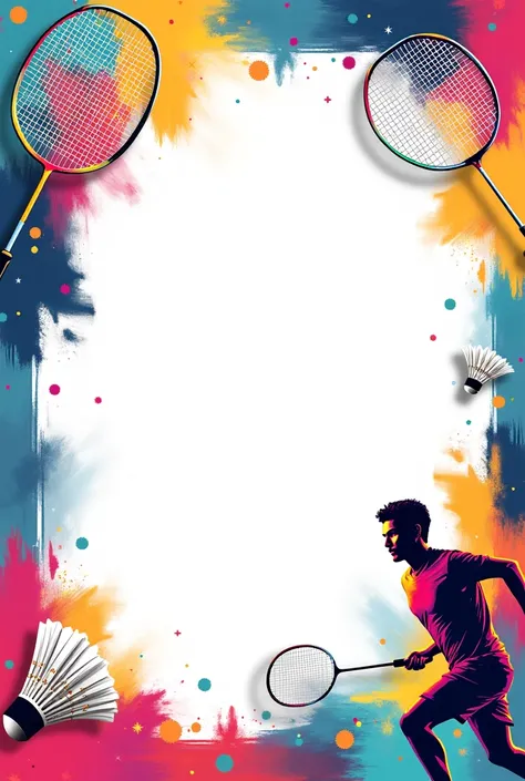 A4 sheet  having blank space in center and its boder have "badminton racket, cock and player design" In multi  bright coloure
