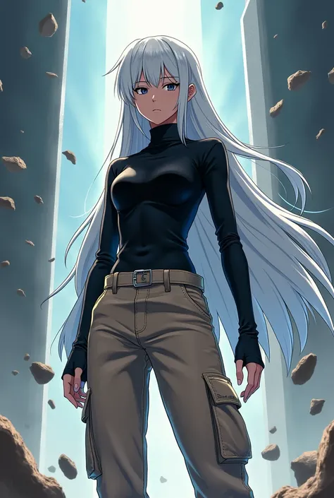 Create anime fan art with waist length white hair, with black eye, serious look, 1,90 tall, black turtleneck blouse, beige cargo pants, black jordan sneakers, with domain expansion 
