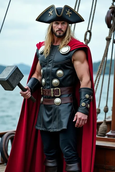 Marvel Thor Full Body Pirate Costume, hold the hammer, pirate hat standing on boat
