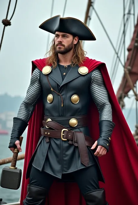 Marvel Thor Full Body Pirate Costume, hold the hammer, pirate hat standing on boat
