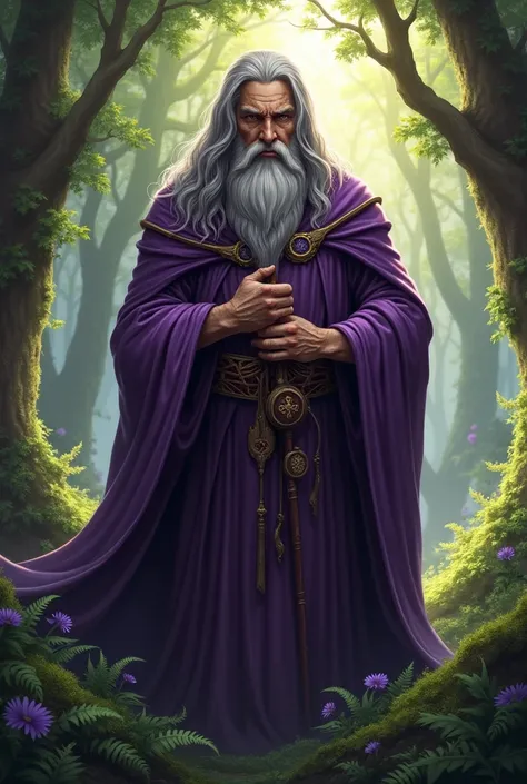 Serious man with long hair wearing purple robe medical druid
