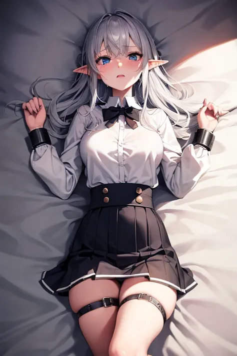 Elf, Silver Hair, In the torture chamber, Lying on an iron bed and crucified, school uniform, skirt, White Shirt,  Open your mouth, Raise your hands,  Crying face, A large iron collar with spikes and handcuffs, Spread your legs