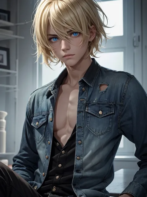 (best quality), 1boy, young boy, pale skin, (blonde hair), ((black ombre)), short hair, messy hair, messy bangs, hair over eyes, (dark blue eyes), perfect eyes, dark circles under eyes, scar over lip, scrawny body, scowl, cute face, oversized jacket, tatte...