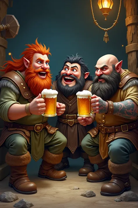 Paint me a picture of four dwarves based on these details about them The biggest dwarf is thin, has red hair and a cheerful charisma.
The fat dwarf has black hair and laughs heartily.
The smallest dwarf has brown hair and happily raises a beer mug.
The las...