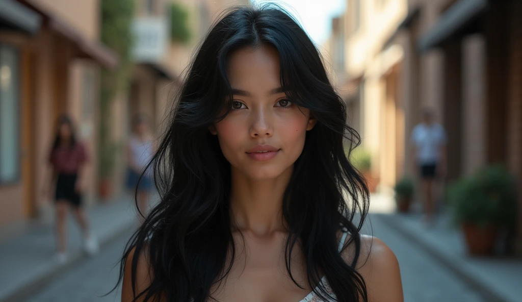 (Best quality, 1girl, Long Black Hair, Shy Smile, Street background, Soft Lighting)
