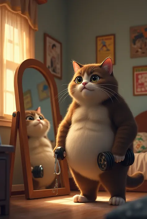 Starting the Journey - The Decision:

Scene: The chubby cat-human character stands in front of a mirror, looking at their reflection with a determined expression. They are holding a pair of dumbbells or a jump rope, signaling their decision to start exerci...