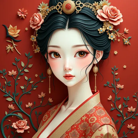 masterpiece, Chinese woman in Hanfu, Beautiful depiction of a fairy tale, Paper art style, Beautiful paintings, Beautiful as the moon, very intricate masterpiece, Painted metal, beautiful intricate masterpiece, Multiple layers, mysterious, Ancient Chinese ...