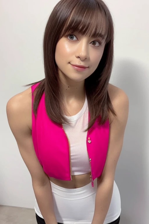 1girl, beautiful woman pink tank top jacket、Pink Panties, skinny, perfect body, defined abs, gold hair, standing in a white wall photography studio,  ultra-detailed face, beautiful eyes, beautiful lips, double eyelids, shy smile, trimmed bangs, sun-kissed ...