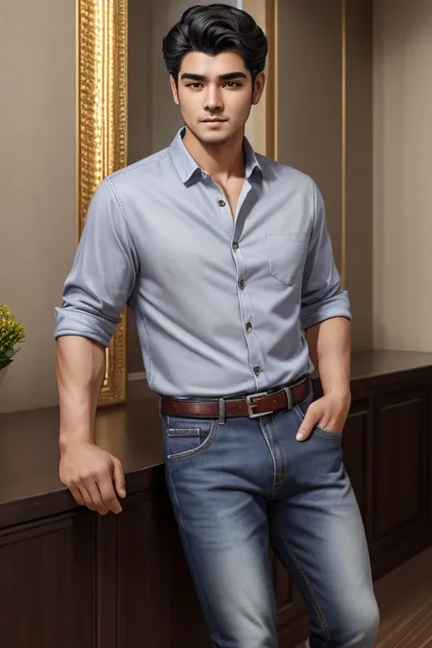 Highest quality、Ultra HD、Height 174cm、Slightly sturdy body type、Black hair with a few gray hairs、Regent style hairstyle。Narrow and gentle eyes、A calm and relaxed impression、Appearance appropriate for a 4、Wearing a casual shirt and jeans、