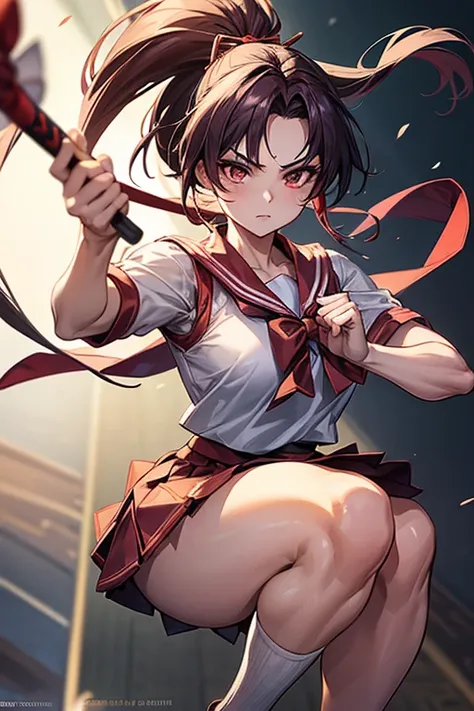 The character is a martial arts warrior with a look reminiscent of the iconic Mai Shiranui, but with some distinctive changes. She has an athletic physique and graceful curves., highlighting your strength and agility. with a classic Japanese school uniform...