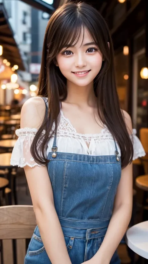 Cute girl working at a cafe terrace　Japanese　１９age　
Professional Lighting　Digital SLR　Beautiful and elaborate face　Perfect and beautiful face　Big eyes Smile