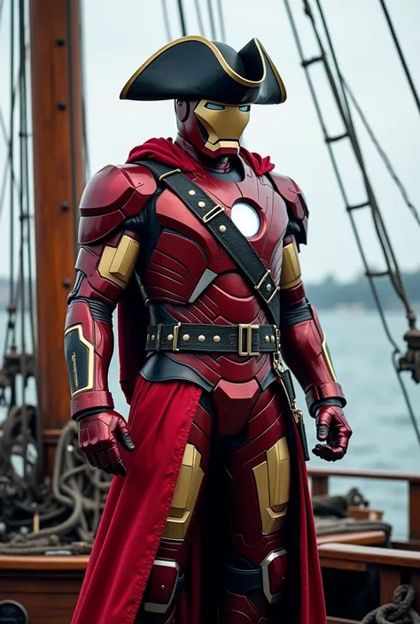 full body superhero marvel iron man pirate costume,Iron Man&#39;s iconic helmet , pirate hat standing on boat
