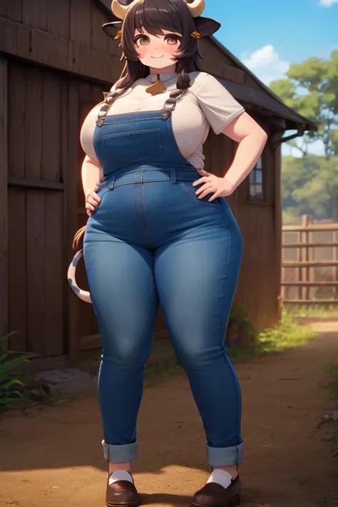 plump, big breasts, black hair, brown eyes, chubby, smile, (cow girl kemonomimi: 1.5), blue jeans overalls, longer hair, anime, ...