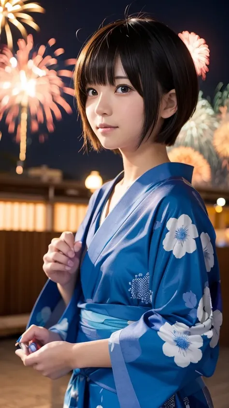 A short-haired anime girl wearing a blue yukata,Hand-held fireworks