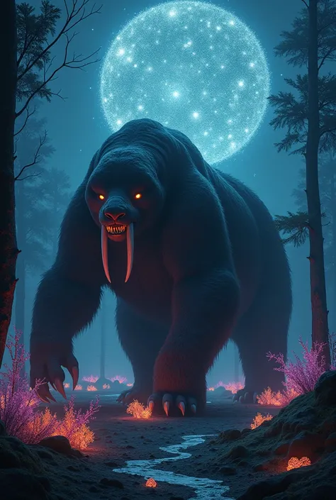 I want the image of a Pleistocene Megatherium at night so that the soil is bioluminescent, and some fireflies simulate a sphere of disco-type lights in the sky , hyper realistic image 