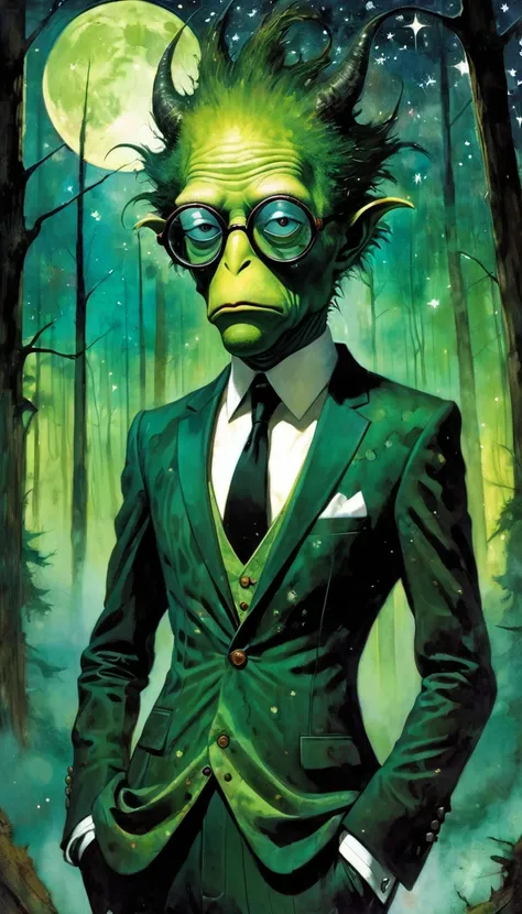 portrait, elegant picture frame, sexy monster, dirty green mucus suit, elegant Victorian era suit, one-eyed glasses, sinister forest background at night, with stars and nebula, art inspired by Bill Sienkiewicz and Dave McKean
