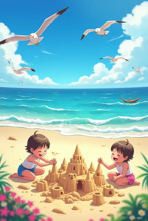 Imagine a sandy beach bathed in sunlight. Waves crash against the shore, creating a rhythmic sound. Seagulls soar overhead, while children build sandcastles. The air is warm and salty, filled with the scent of the ocean and sunscreen. Anime style