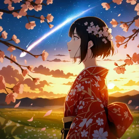 1 person, distant girl wearing a kimono staring at the performer, (Decreased:1.1), (Meteors:1.2), (comet:1.1), yourname, Low - Angle, Recall, Aloura Borealis, shooting star, yukata, Red kimono, cherry blossoms, Standing in the field,Highest quality, Artwor...