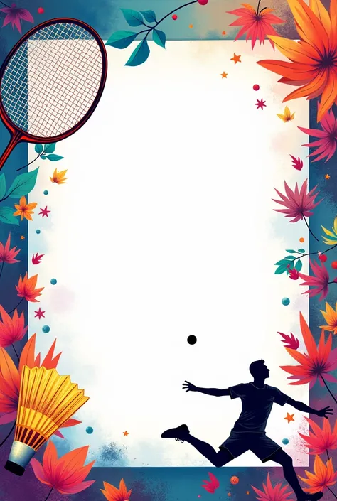 A4 sheet  having blank space in center and its boder have "badminton racket, cock and player design" In multi  bright coloure
