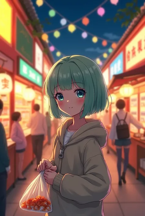 Create a cute 17yearold girl high160cm with bob hair + light green bangs, light blue eyes, at a Japanese festival at night, holding a bag of goldfish.