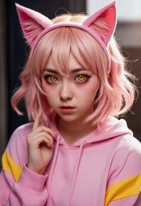 Anime girl with cat ears, pink blonde hair, yellow cat eyes, wearing pink clothes is scared 