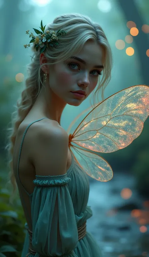 "Full-length shot of a beautiful 20-year-old fairy with delicate facial features and an attractive gaze, captured from a close angle. She has iridescent fairy wings that shimmer softly in the misty forest. A gentle stream flows in the background, with neon...