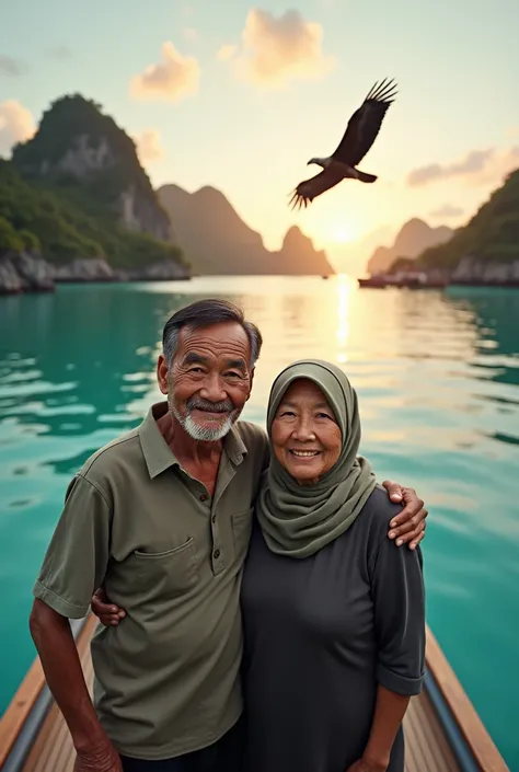 very detailed and realistic photos, HD quality, 4K, A married couple, looking at the Camera,  Indonesian man and woman, 70 years old, the man is a bit thin, 170 cm tall, black hair, wearing casual clothes, the woman is wearing a headscarf, fat, 165 cm tall...