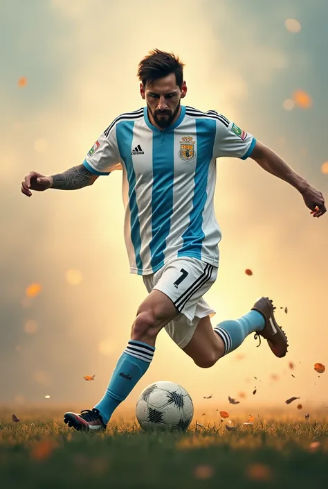 Leo Messi kick a football , the background is so spiritual , beautiful ,give Argentina suit